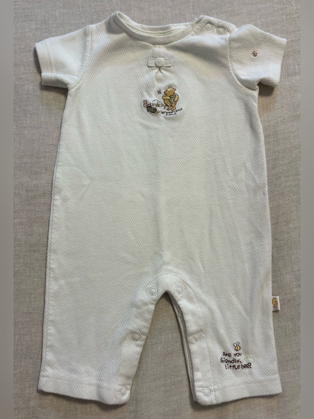 Vintage Classic Pooh Embroidered Waffle Knit Romper 0-3M